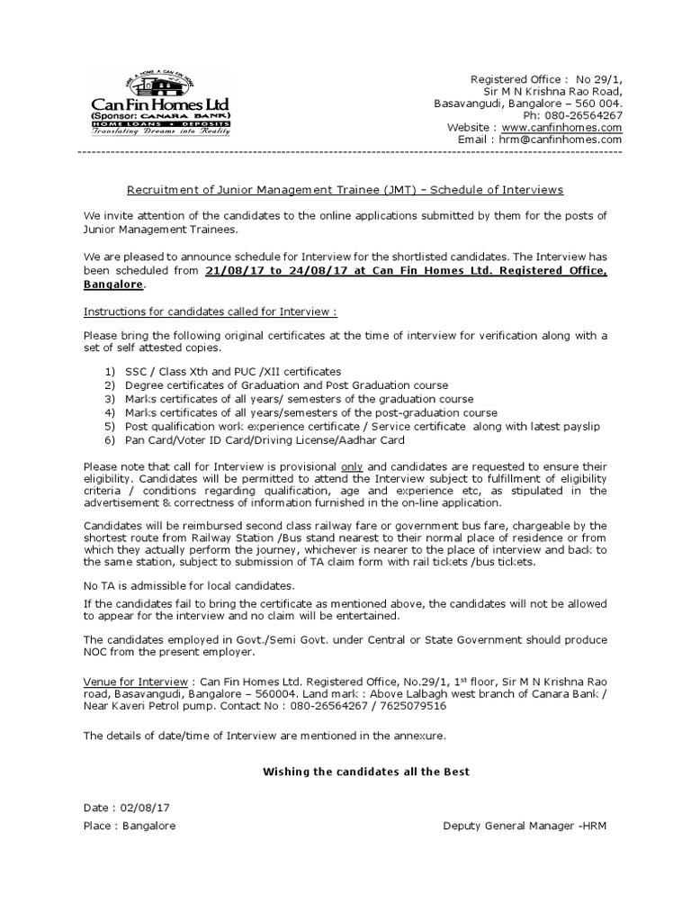 Instructions For The Shortlisted Candidates - JMT | PDF 