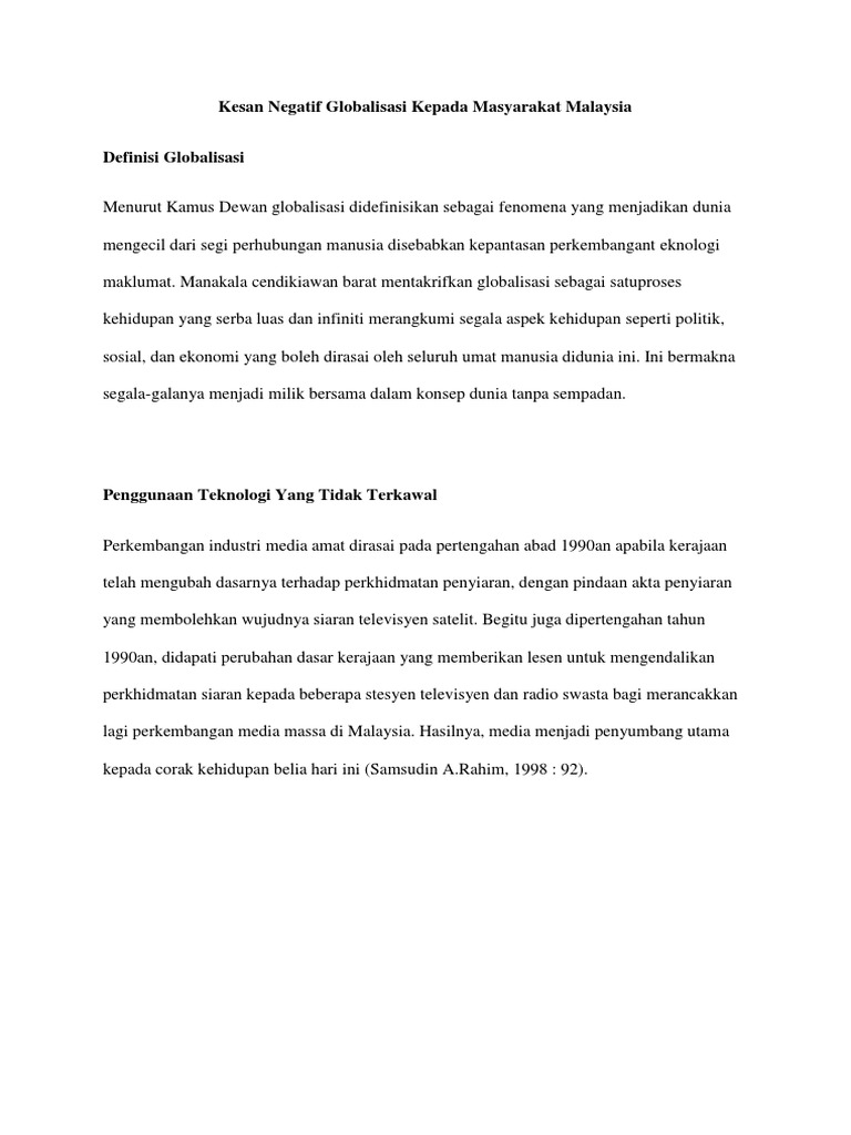 Kesan Negatif Globalisasi Kepada Masyarakat Malaysia Pdf