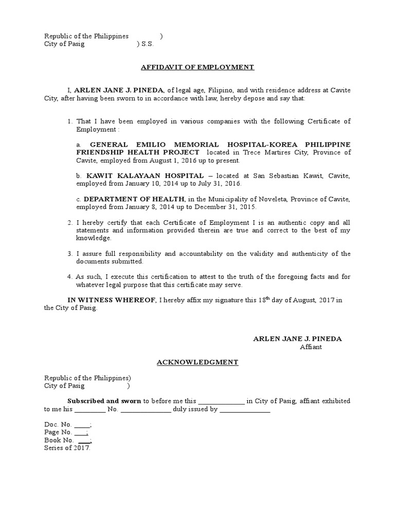 Affidavit Of Employment Arlene Jade Affidavit Document