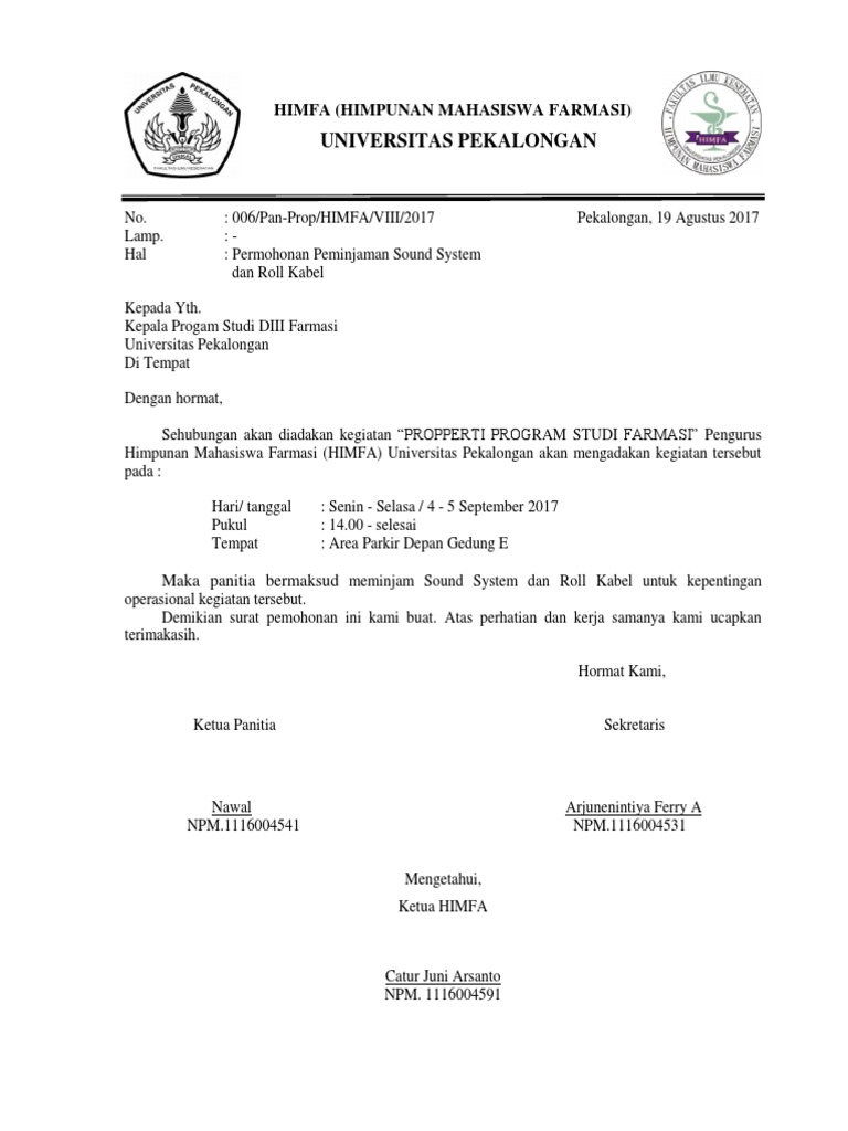 Surat Peminjaman Sound Sistem 1 Fotokopi izin terdahulu untuk perpanjangan k.