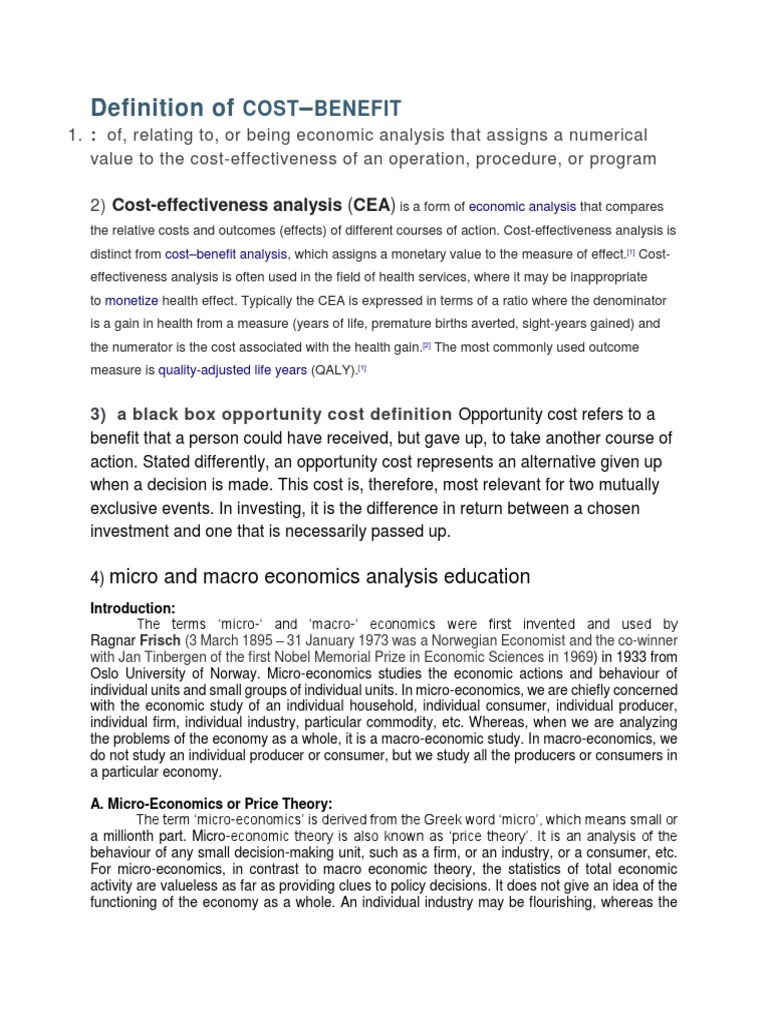 Definition Of Cost Benefit PDF Macroeconomics Microeconomics