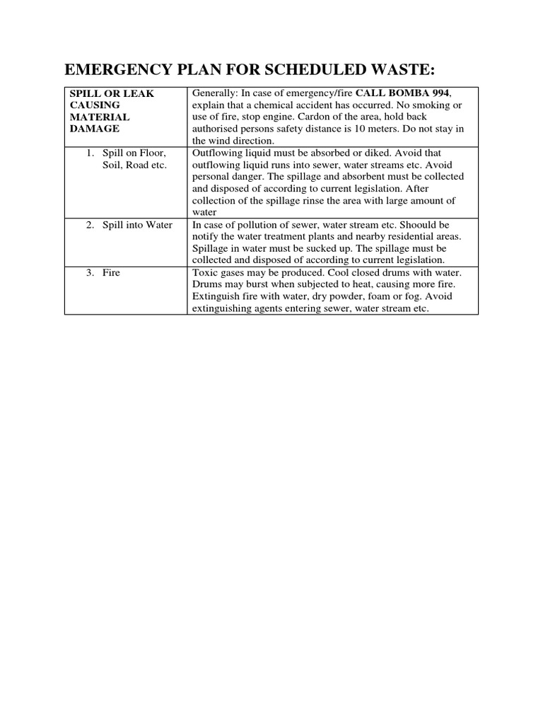 Scheduled Waste Spill Response Plan | PDF