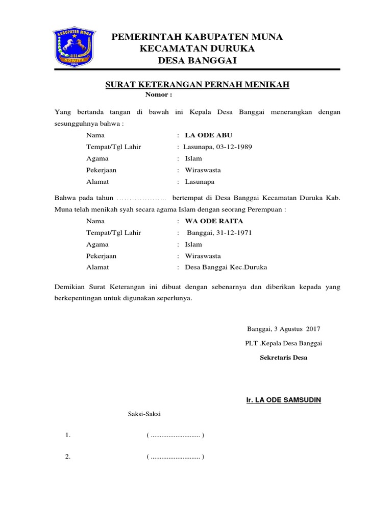 Surat Keterangan Pernah Menikah