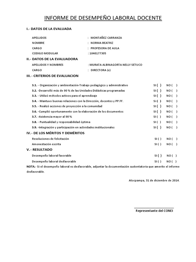Informe de Desempeño Laboral Docente