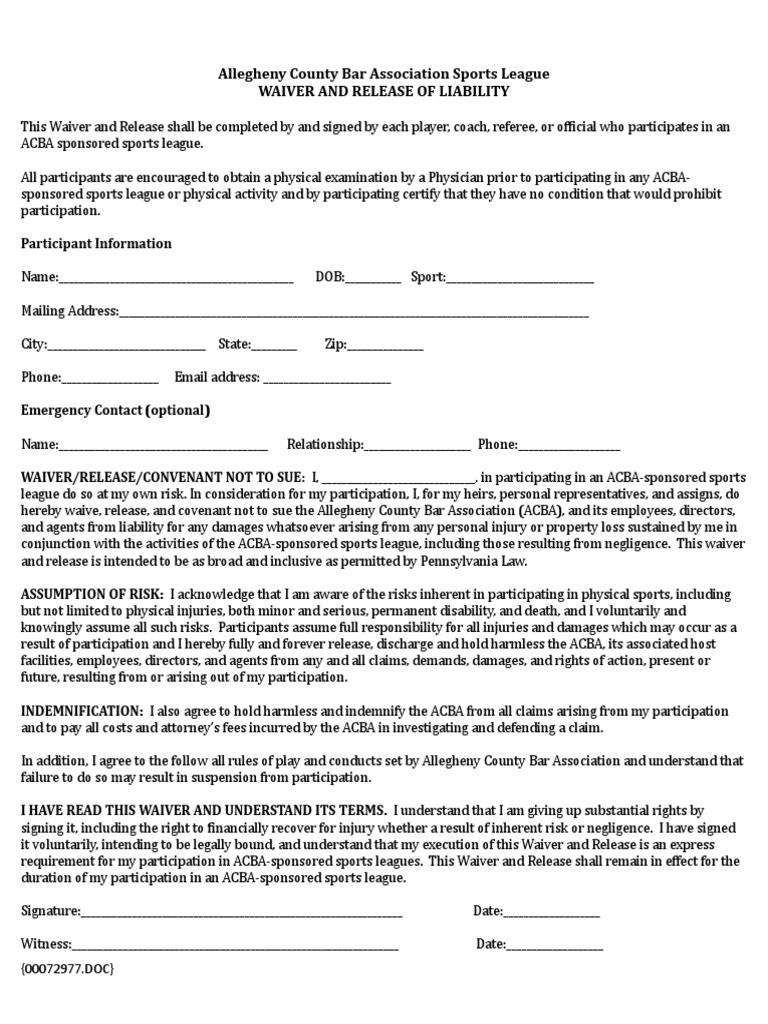 ACBA Sports League Liability Waiver | PDF | Indemnity | Virtue