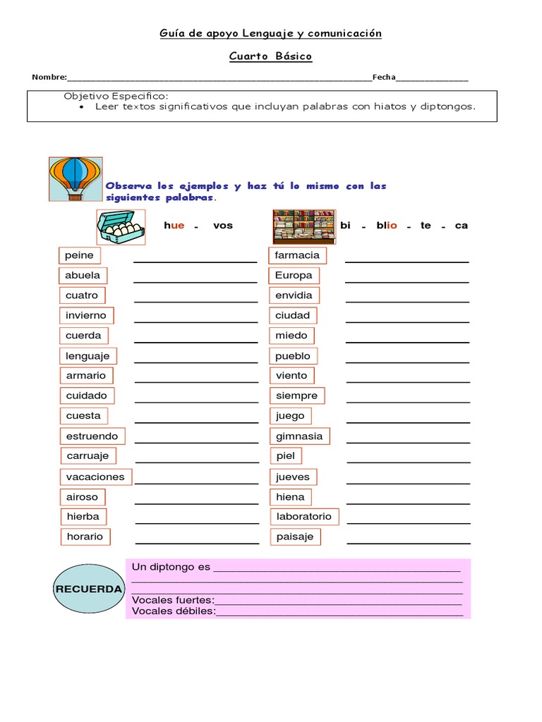Guía de Diptongos y Hiatos 4º Básico | PDF | Comunicación oral | Voz humana