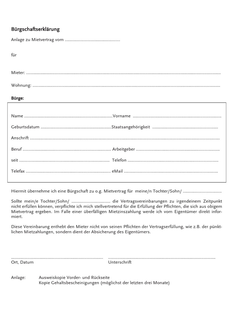 Brgschaft Vordruck Miete