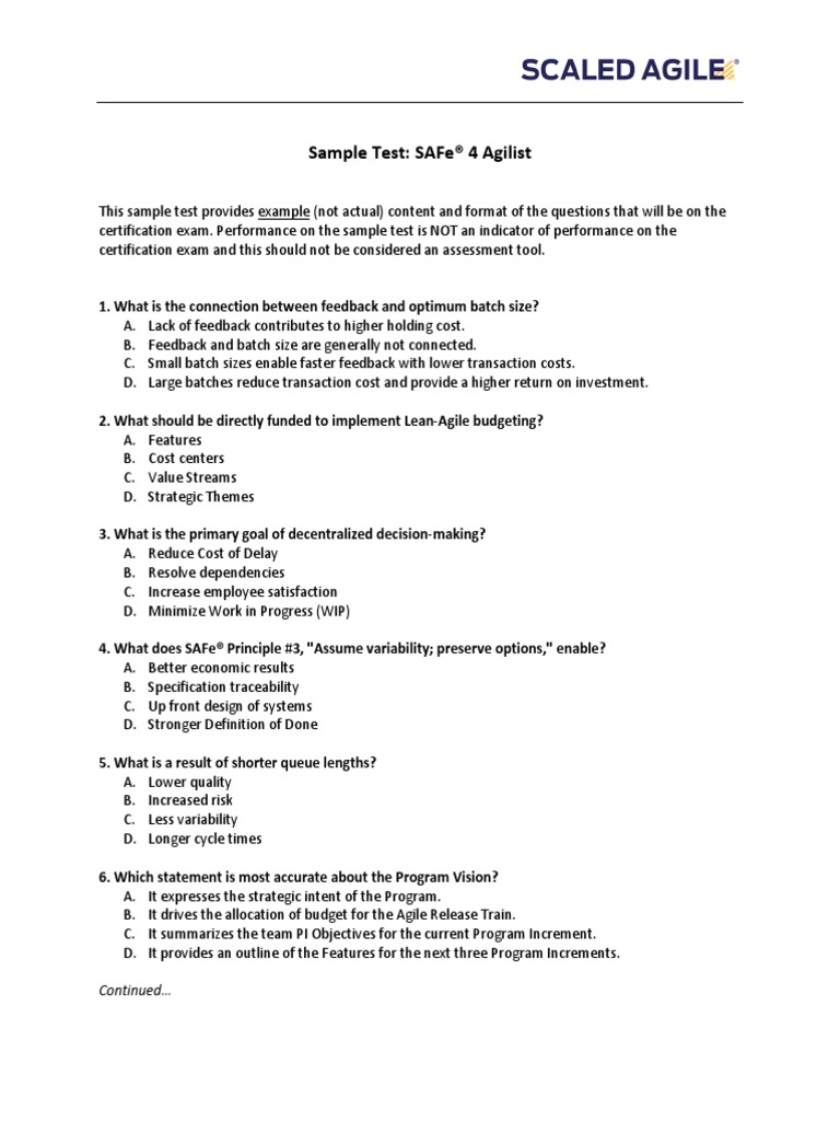 Sample Test: Safe® 4 Agilist: Continued | PDF