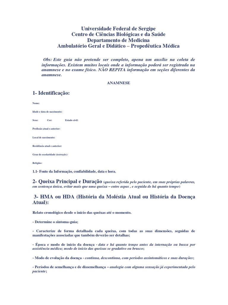 Modelo de Anamnese Médica | PDF | Medicina Clínica | Especialidades médicas