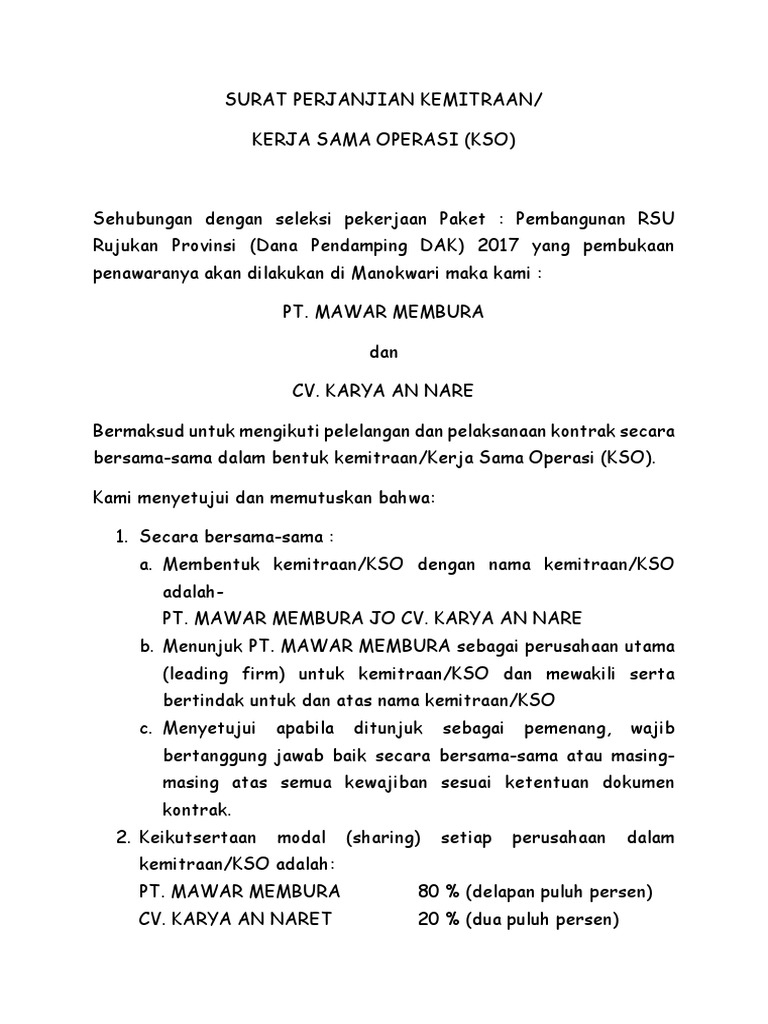 Contoh Surat Perjanjian Kerjasama Antara Dua Pihak