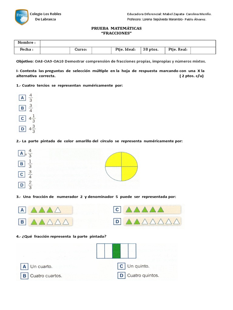 Evaluación de Fracciones para Tercero | PDF | Fracción (Matemáticas ...