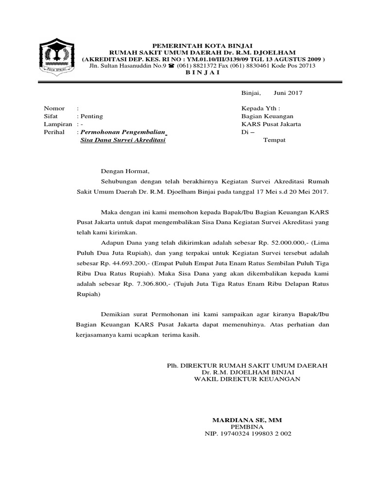 Contoh Surat Permohonan Pengembalian Dana