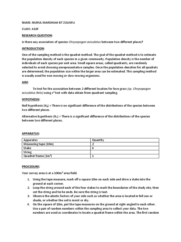 Lab Report Quadrat Chi Squared Test Degrees Of Freedom (Statistics)