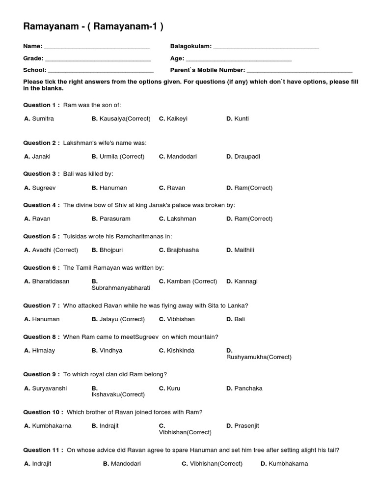 Ramayana Quiz for Students | PDF | Ramayana | Rama