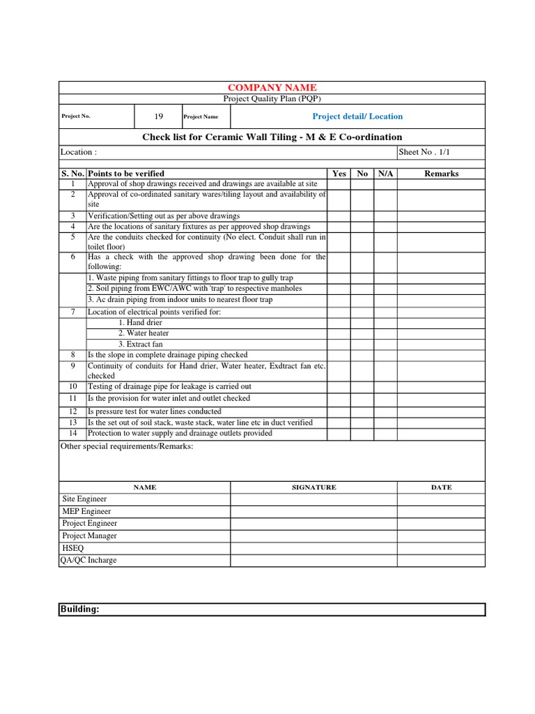 Check List For Ceramic Wall Tiling - M & E Co-Ordination: Company Name ...
