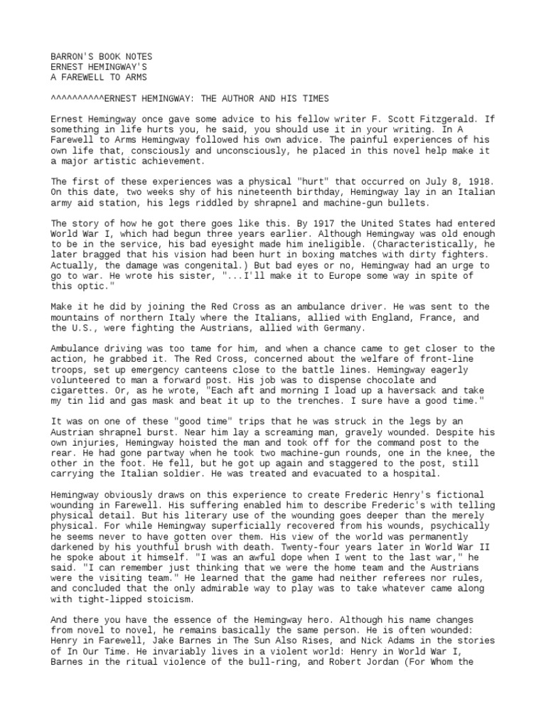 A Farewell to Arms Ernest Hemingway Ernest Hemingway Narration