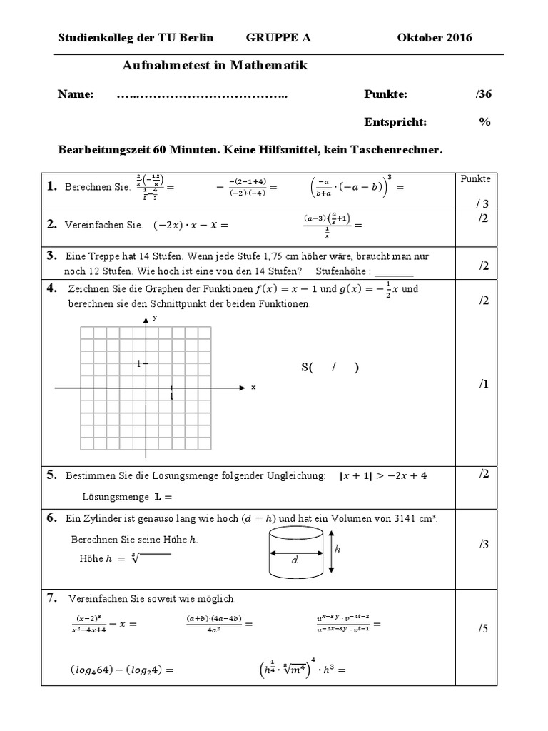 Aufnahmetest Mathematik 1 Mit Lösungen