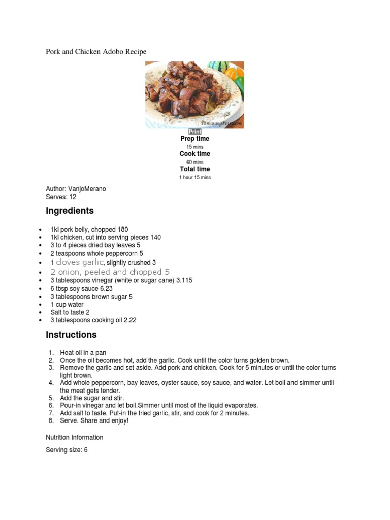 Chicken and Pork Adobo PDF Food And Drink Preparation Food And Drink