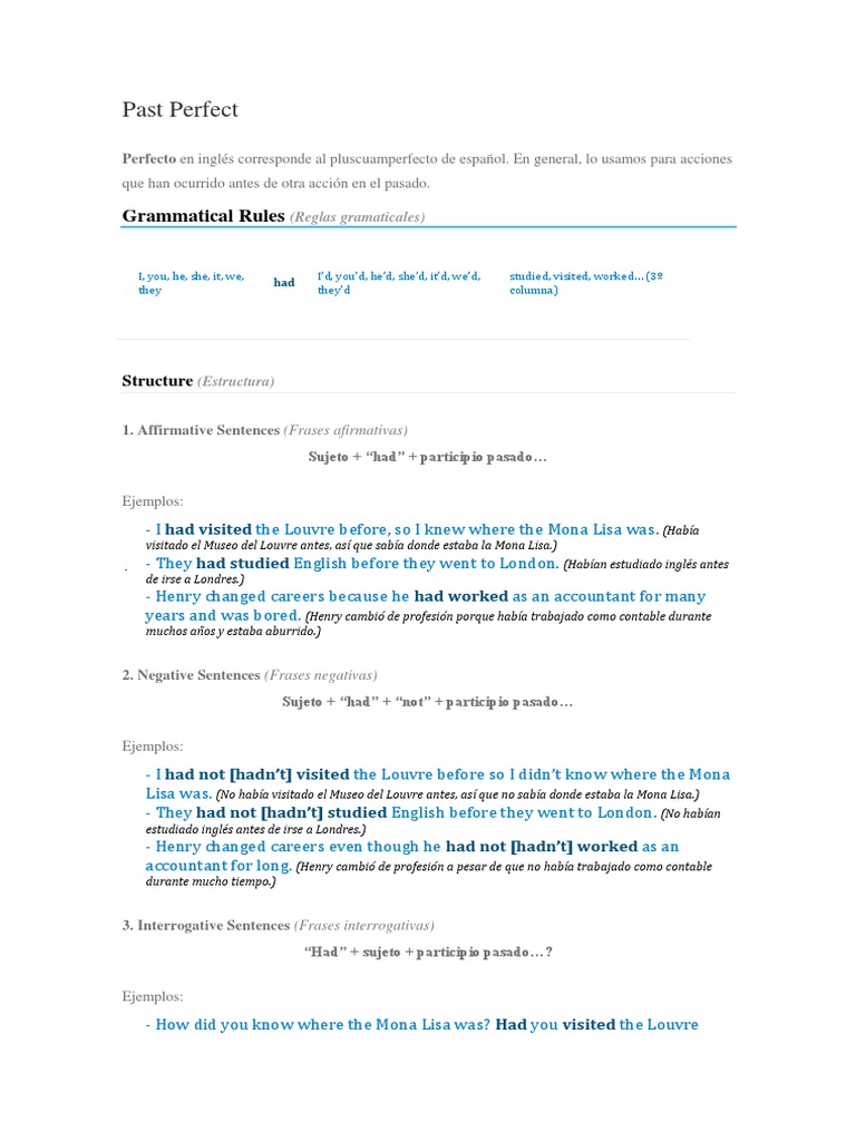 Past Perfect Tense Rules and Examples | PDF | Mecánica del lenguaje ...