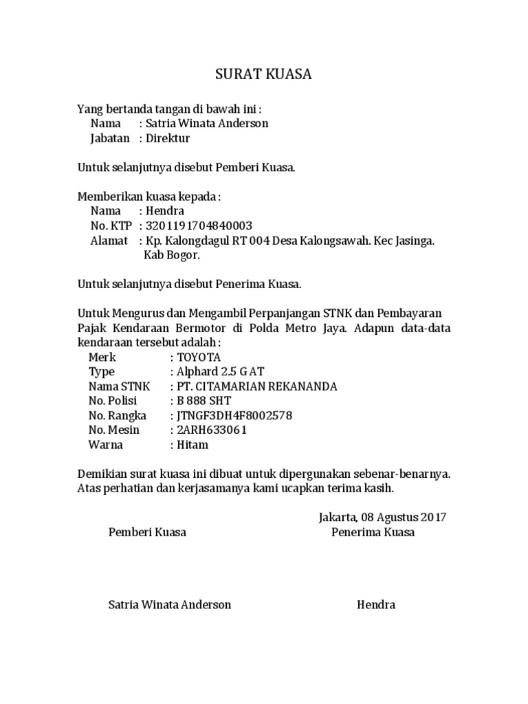 Contoh Surat Kuasa Perpanjang Stnk / Contoh Surat Kuasa Perpanjang STNK