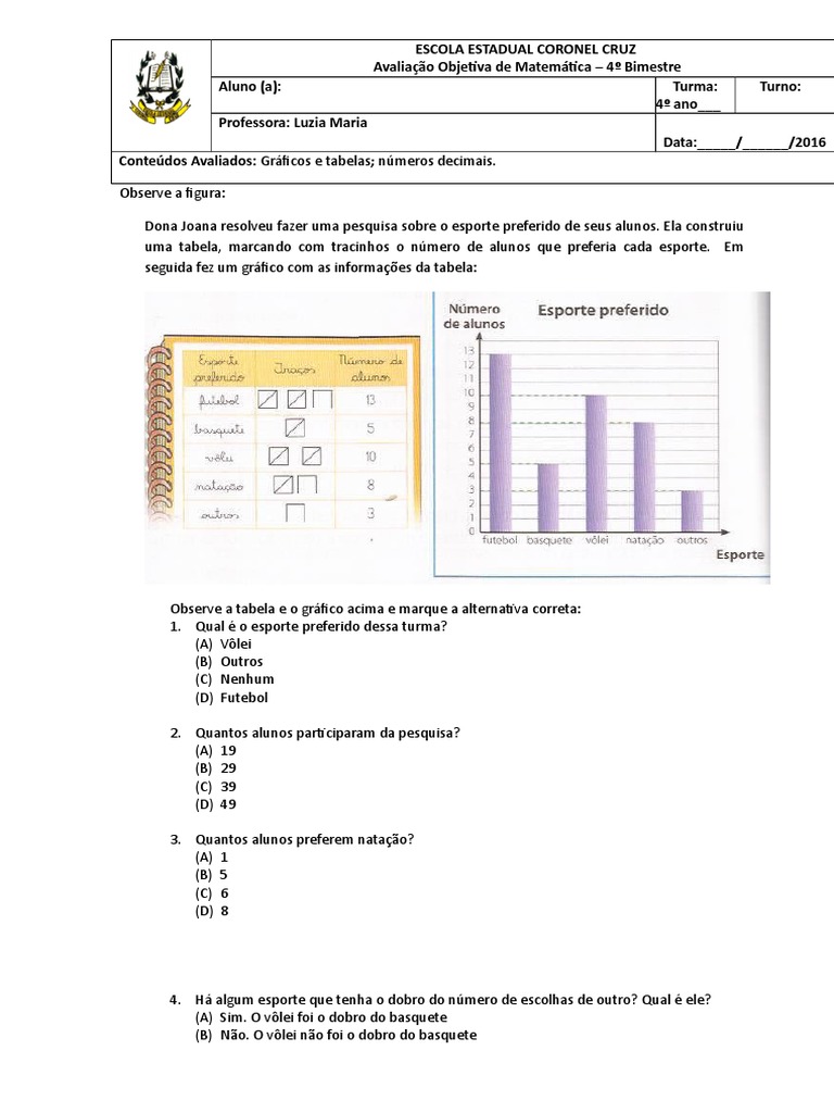 Avaliação De Matematica 4 Ano 4 Bimestre