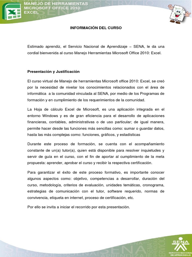Curso Sena-Manejo de Herramientas MS Excel | PDF | Microsoft Excel | Hoja  de cálculo
