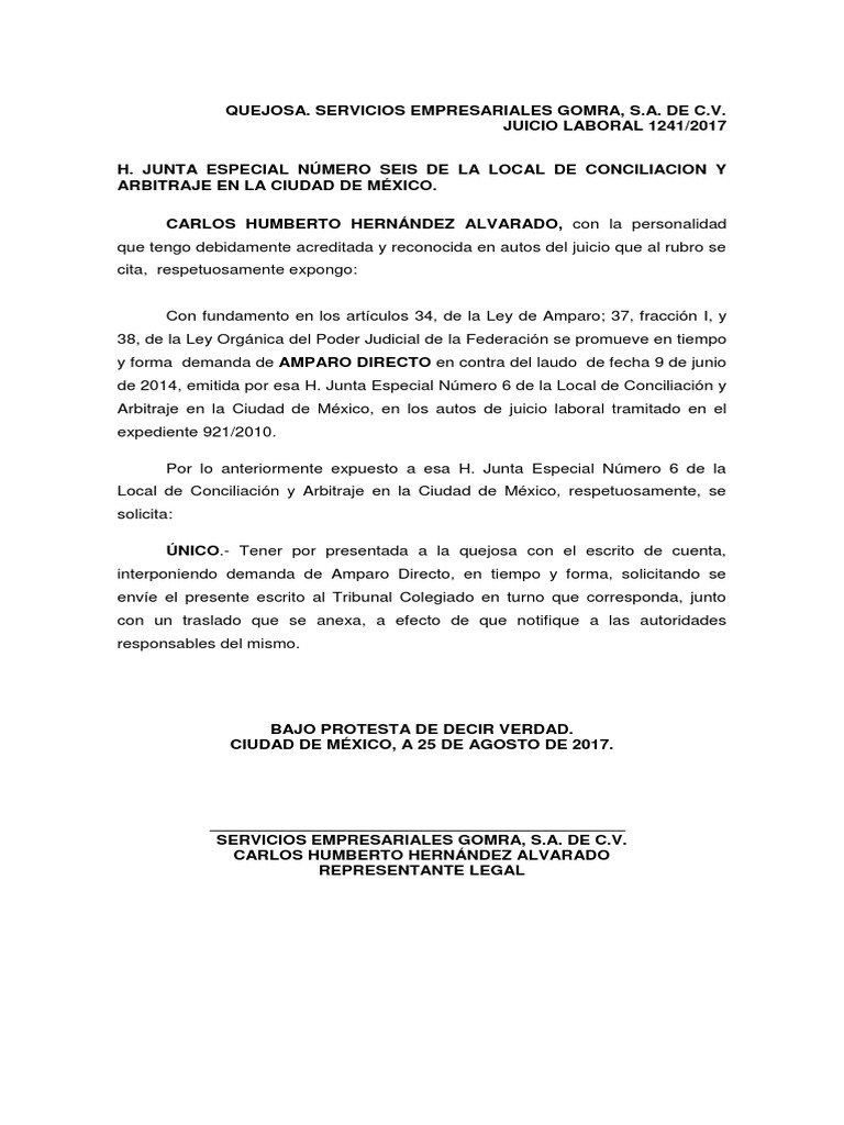 Amparo Directo contra Laudo Absolutorio | PDF | Derecho laboral | Caso ...