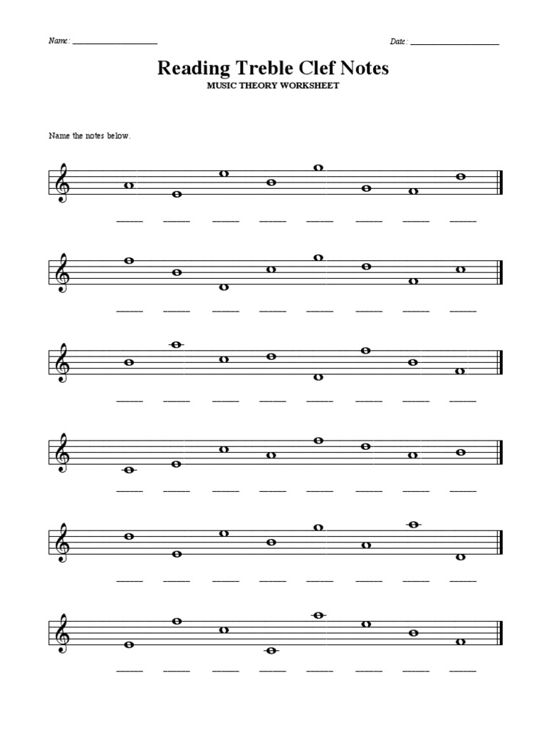 Reading Notes Worksheets  Musical Compositions  Pitch (Music) Intended For Treble Clef Notes Worksheet