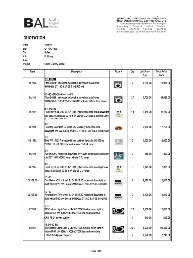Quotation for Lighting Fixtures | PDF | Lighting | Components