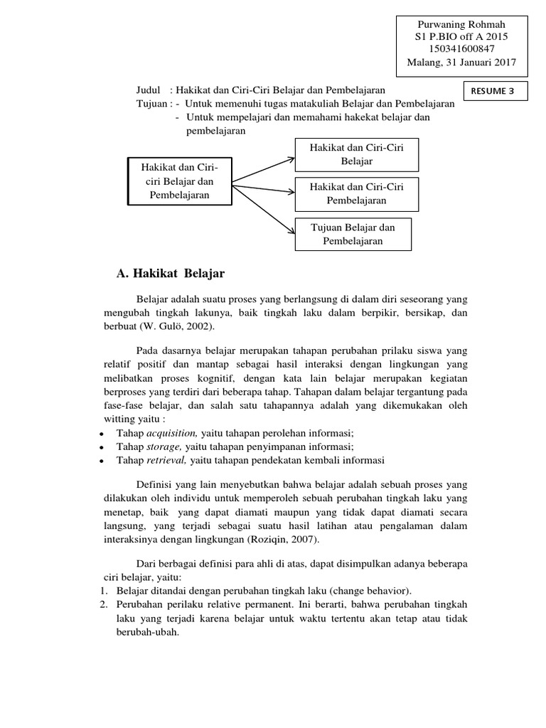 Resume 3 - Hakikat Belajar Dan Pembelajaran - Purwaning Rohmah