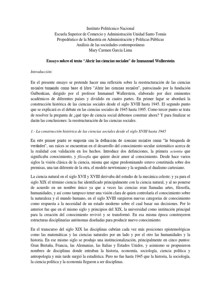 Ensayo Abrir Las Ciencias Sociales Ciencia Ciencias