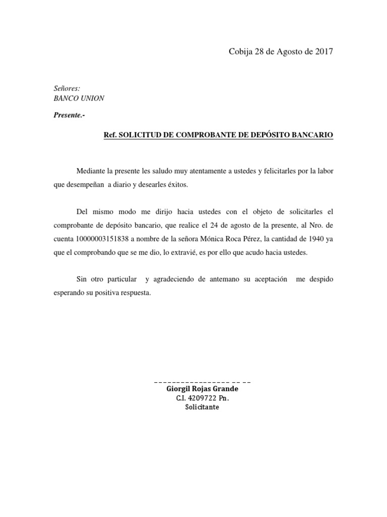 Solicitud Solicitud De Comprobante De Depósito Bancario Pdf