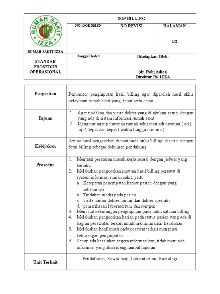 SOP Billing Rumah Sakit Izza | PDF | Teknologi & Rekayasa