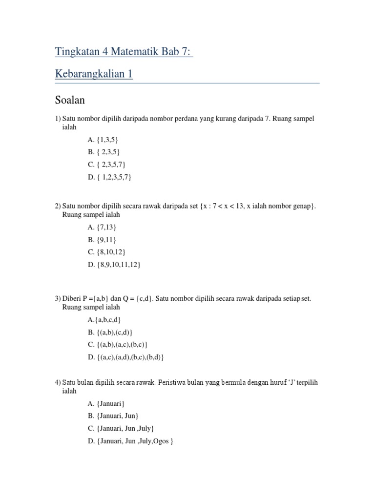 Soalan Tubic F4 Matematik Bab 7 Kebarangkalian 1 Pdf