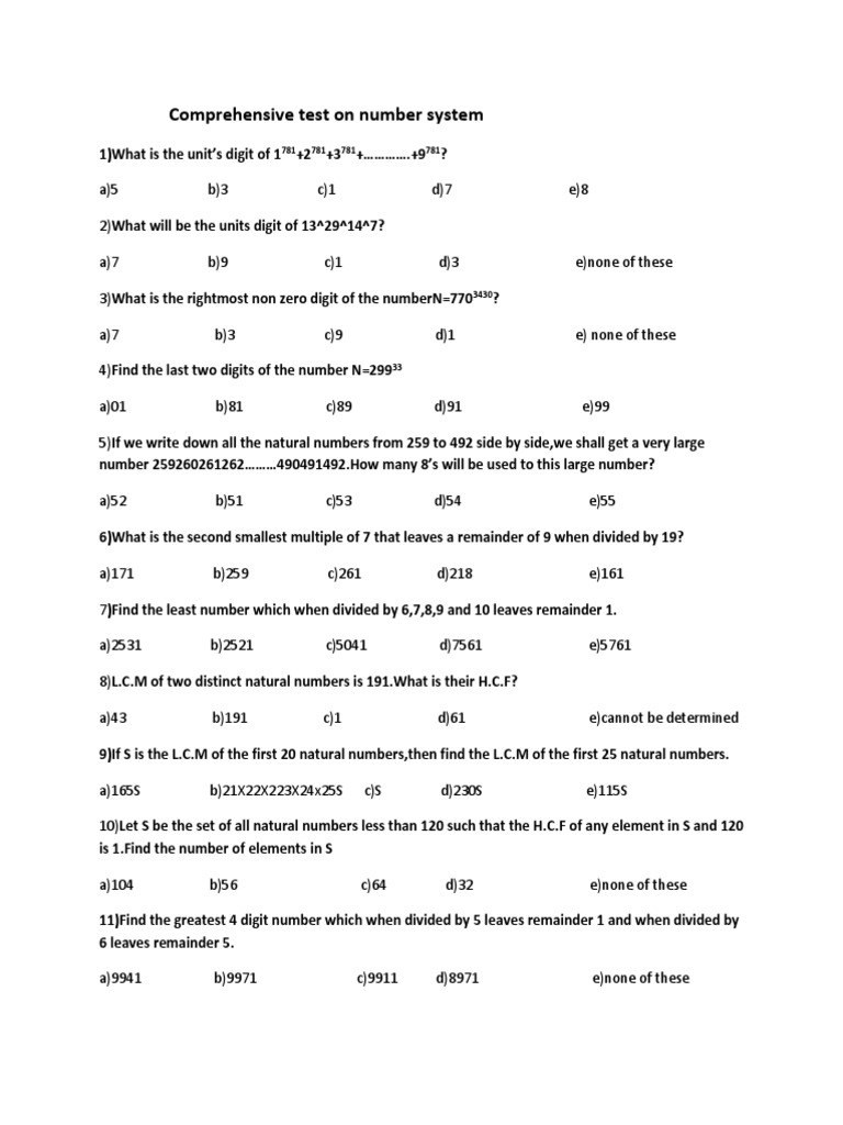 Lecture 15 Test On Number System | PDF | Natural Number | Arithmetic