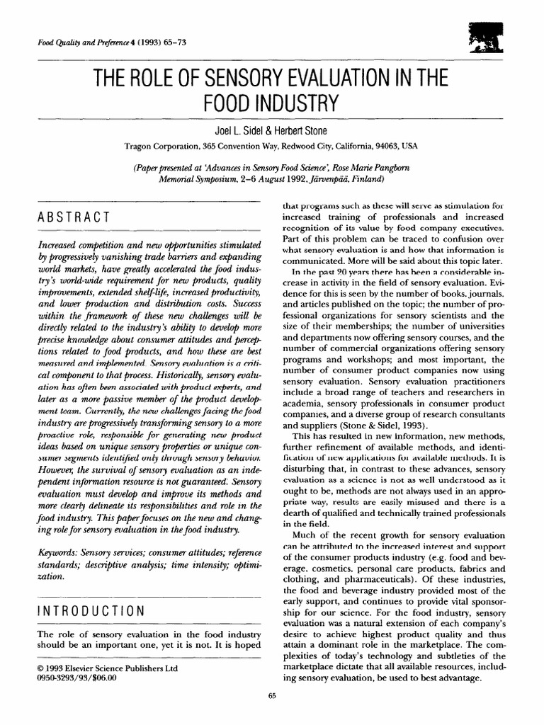 The Role of Sensory Evaluation in The Food Industry PDF Perception