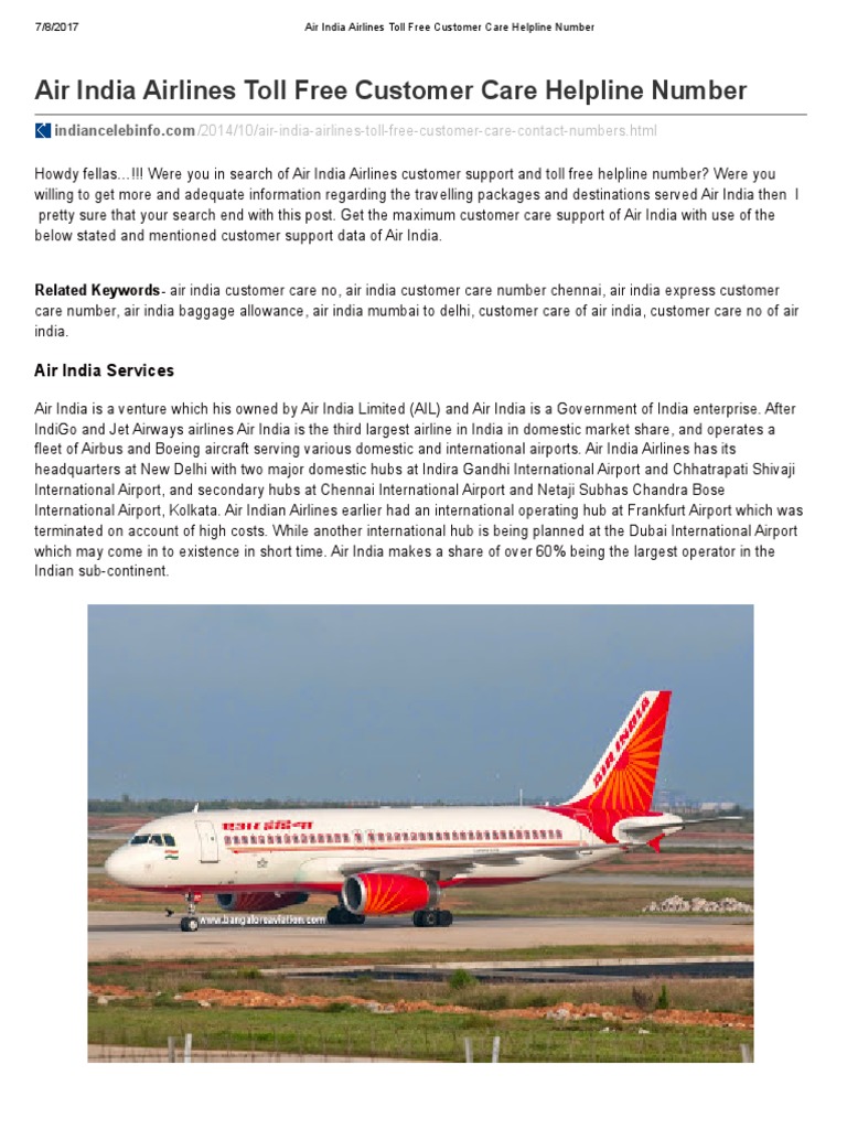 Air India Airlines Toll Free Customer Care Helpline Number