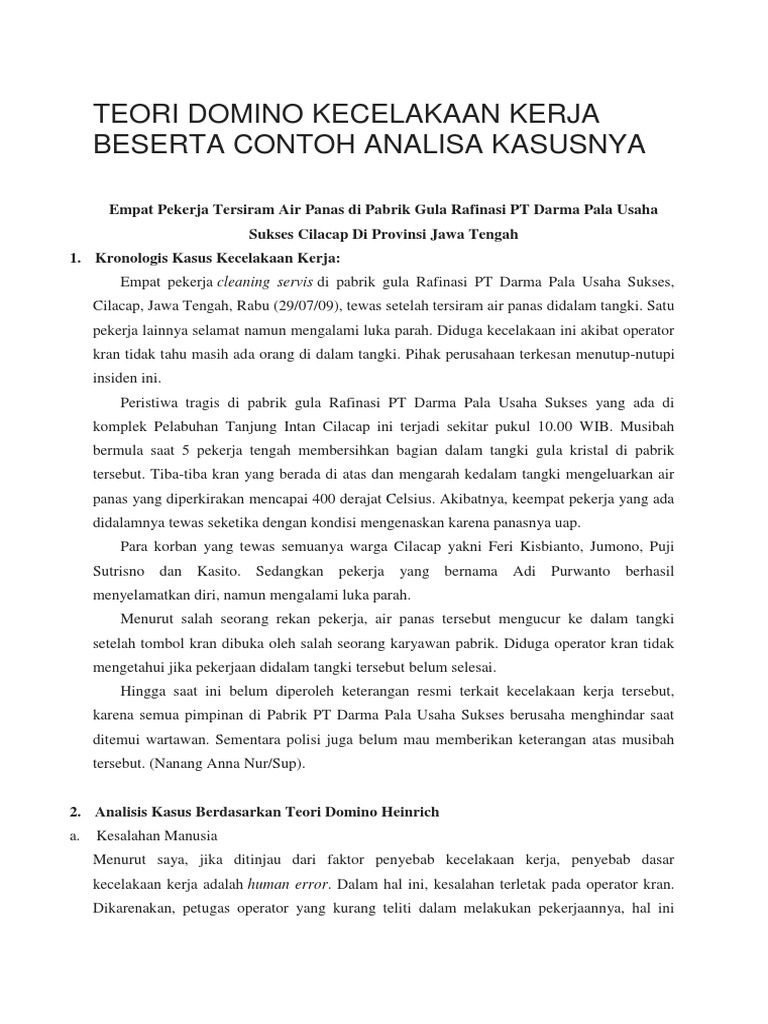 Teori Domino Kecelakaan Kerja Beserta Contoh Analisa Kasusnya Pdf