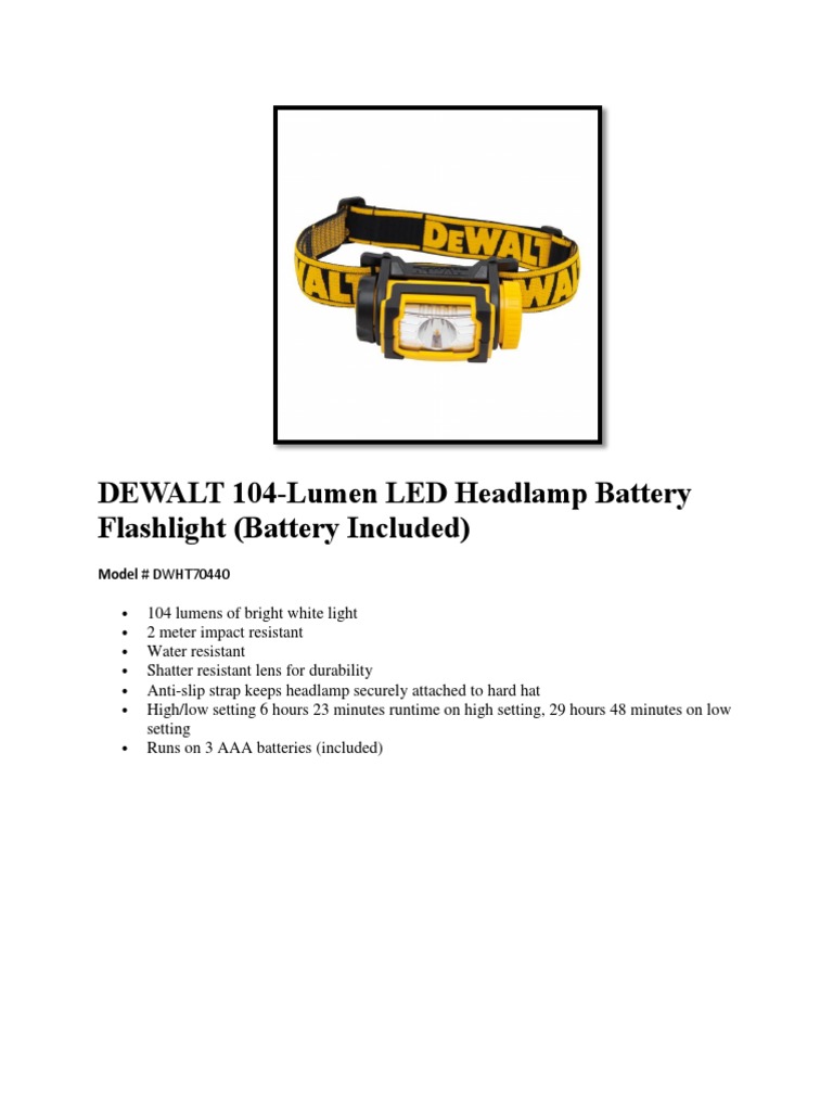 DEWALT 104Lumen LED Headlamp Battery Flashlight (Battery Included) PDF