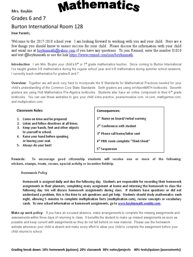 6th-7th Grade Math Class Overview | PDF | Homework | Teaching