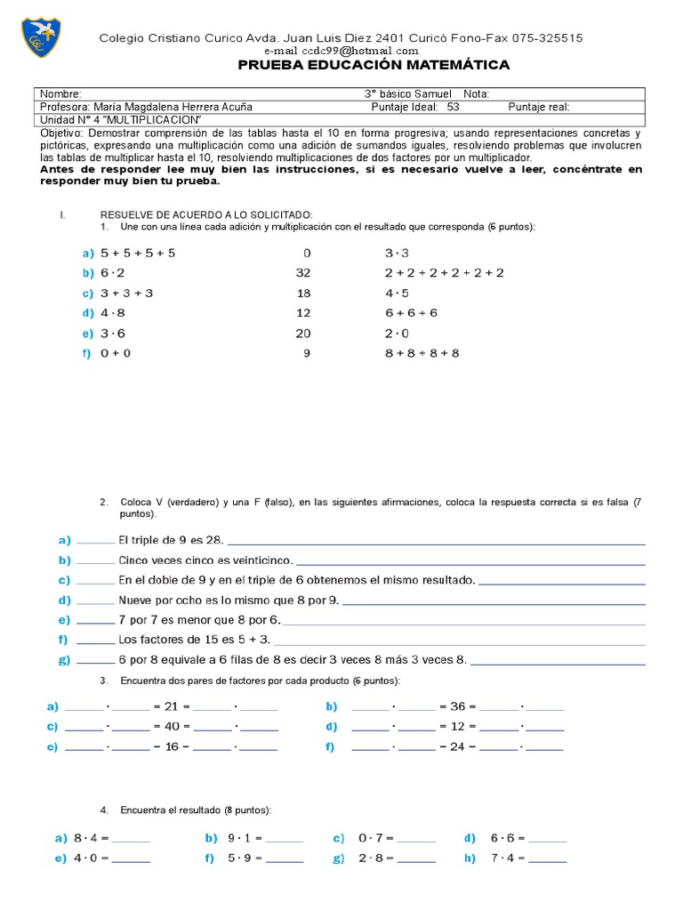 Prueba de Matemática Tercero Básico Unidad 4 Multiplicación | PDF