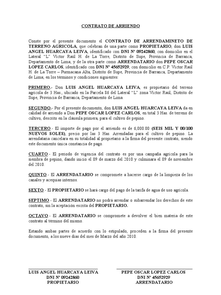 Contrato de Arriendo Agricola Lateral Supe