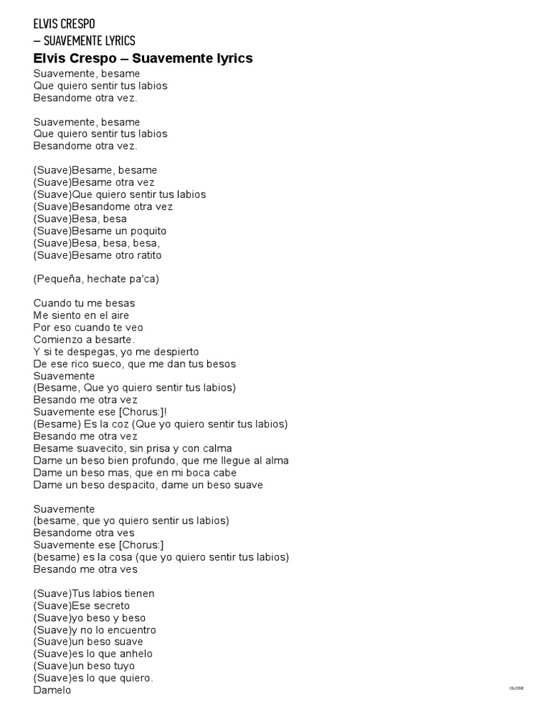 Parole De Despacito En Français A Imprimer Elvis Crespo - Suavemente Lyrics - LyricsMode | PDF | Música grabada |  Música pop