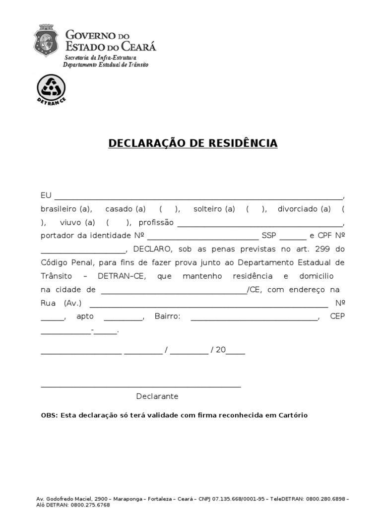 Declaração de Residência para DETRAN-CE | PDF | Informação ...