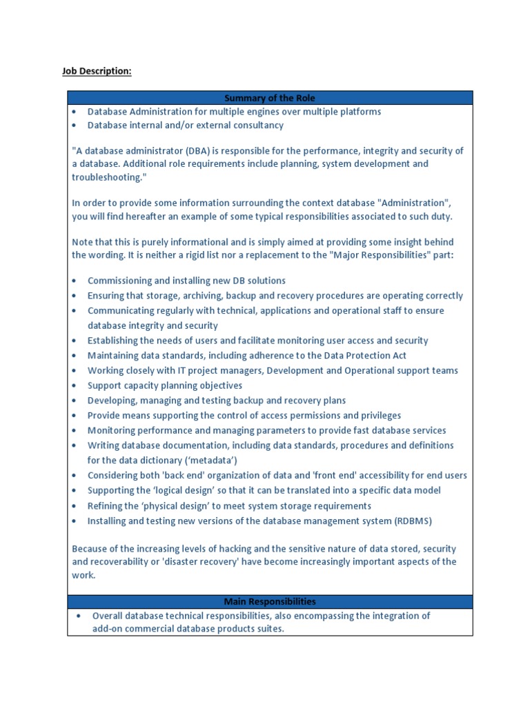 Job Description - Oracle Dba | Pdf | Oracle Database | Databases