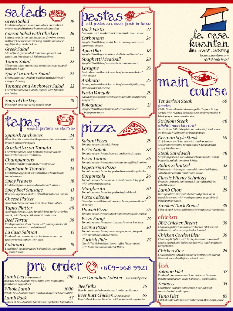 La Casa Kuantan Menu PDF Tomato Sauce Salad