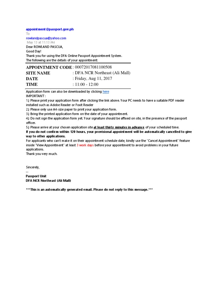 DFA Passport Appointment Details | PDF | Career & Growth
