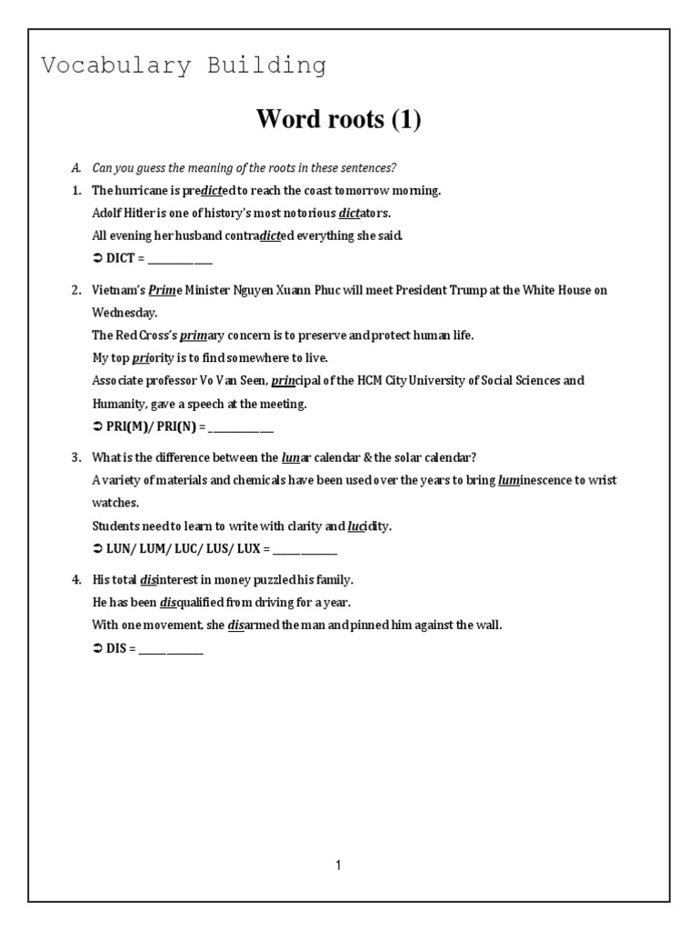 Vocabulary Building: Word Roots Explained | PDF | Dictionary | Linguistics