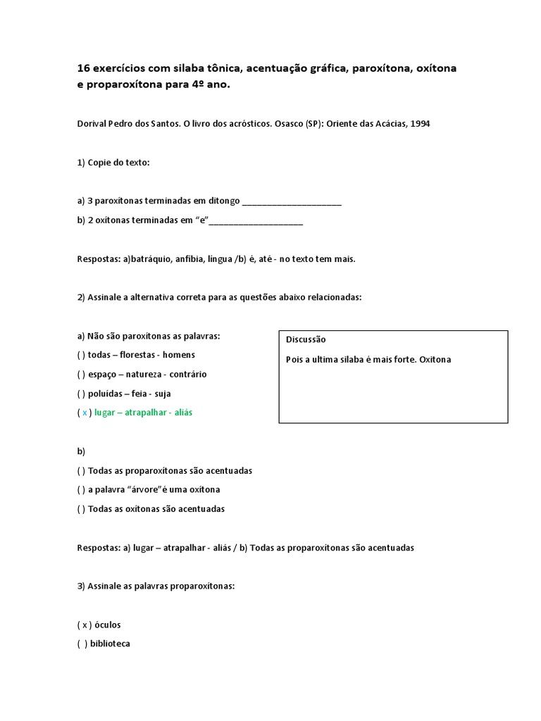 16 Exercícios Com Silaba Tônica, Acentuação Gráfica, Paroxítona ...