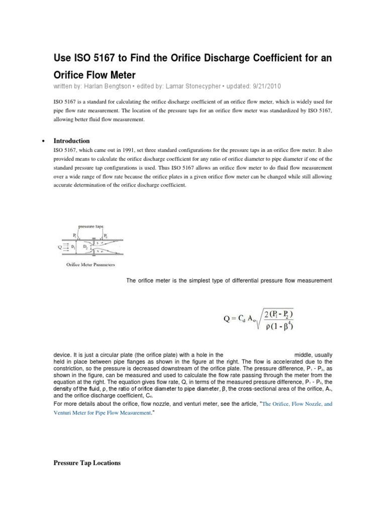 Use ISO 5167 To Find The Orifice Discharge Coefficient For An Orifice